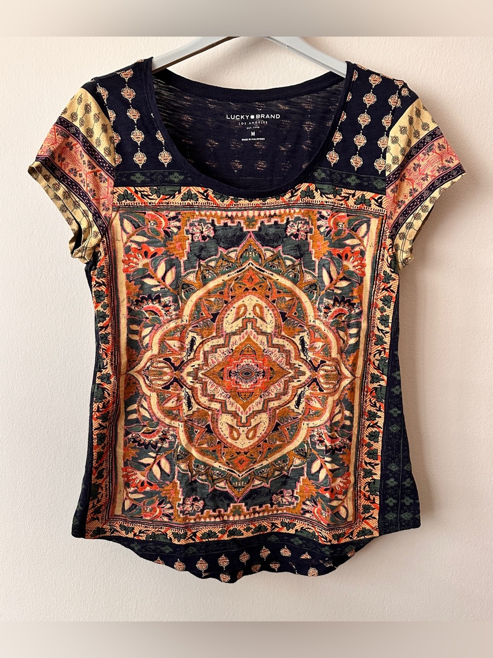 Lucky Brand Women's Persian Carpet Print Tee Cotton Blend T-Shirt (Navy)